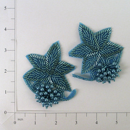 3D Beaded Flower Applique/Patch Pack of 2 Aqua Blue Sequin & Beaded Appliques
