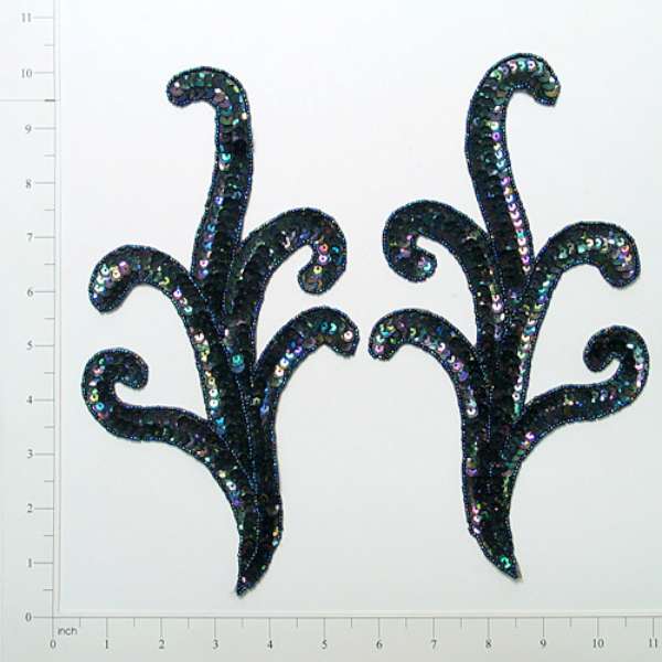 Scroll Sequin Applique Pack of 2 - Black Aurora Borealis Sequin & Beaded Appliques