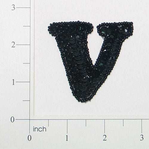 Letter V Sequin Applique/Patch Black Sequin & Beaded Appliques