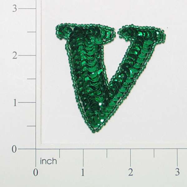 Letter V Sequin Applique/Patch Green Sequin & Beaded Appliques