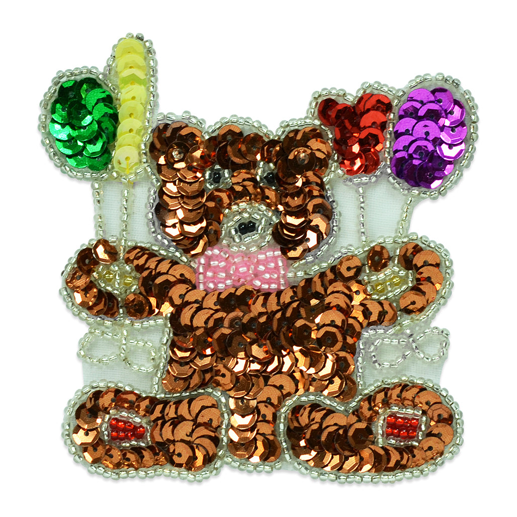 3 1/4" x 3 1/4" Teddy Bear with Balloons Sequin Applique/Patch - Brown Multi Sequin & Beaded Appliques