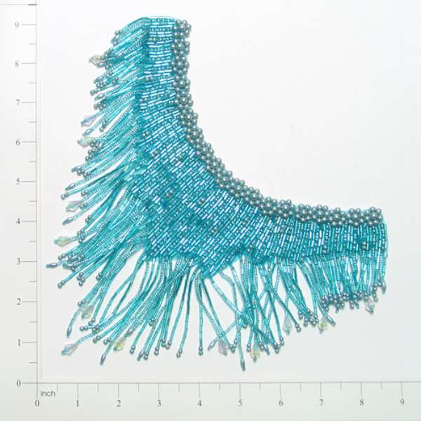 Collar With Fringe Applique/Patch 8" x 7" Aqua Blue Sequin & Beaded Appliques