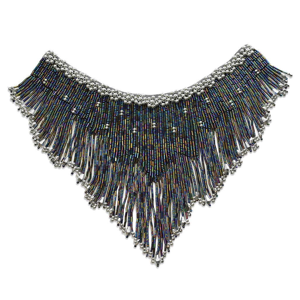 Collar With Fringe Applique/Patch 8" x 7" Black Aurora Borealis Sequin & Beaded Appliques