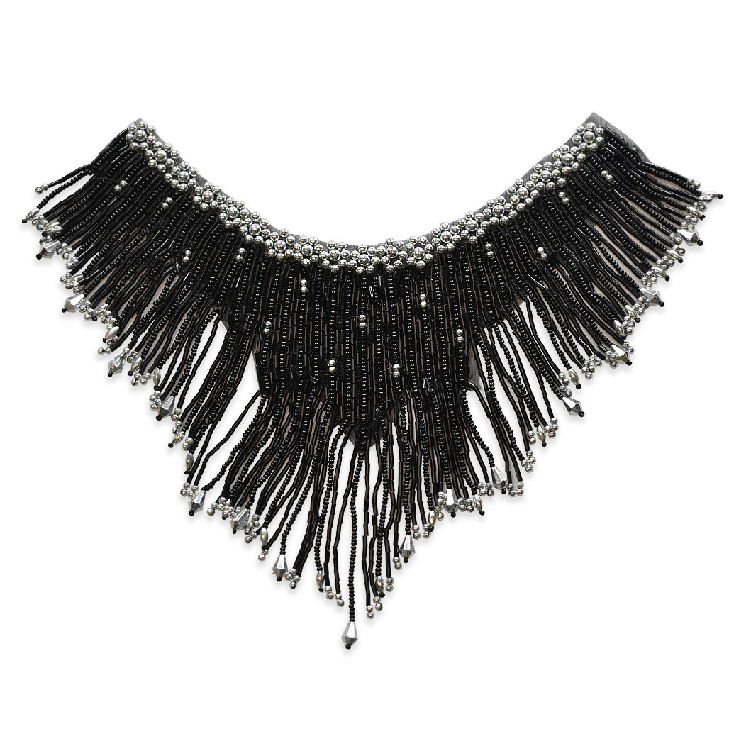 Collar With Fringe Applique/Patch 8" x 7" Black Silver Sequin & Beaded Appliques