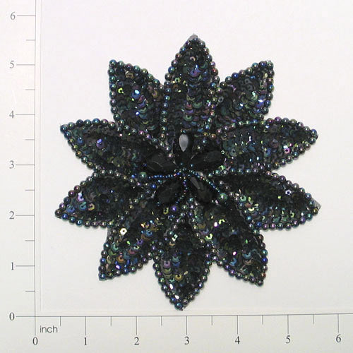 Poinsettia Sequin Applique - Black Aurora Borealis Sequin & Beaded Appliques