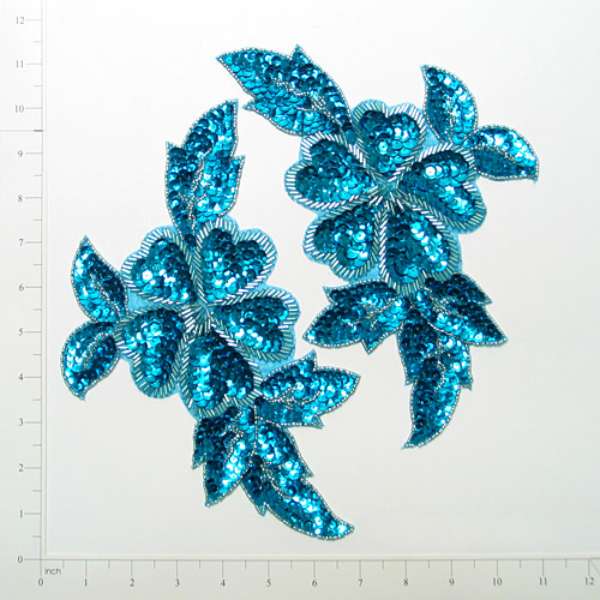 Pansy Sequin Applique Pack of 2 - Aqua Blue Sequin & Beaded Appliques