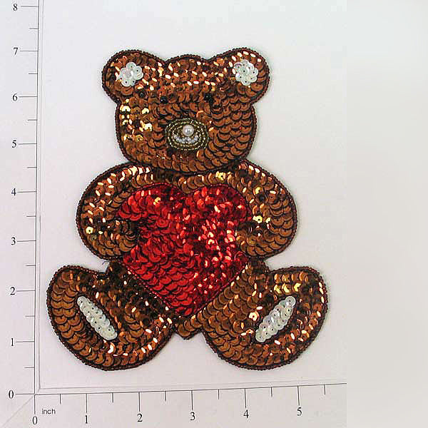 Teddy Bear with Heart Sequin Applique/Patch - Brown Multi Sequin & Beaded Appliques