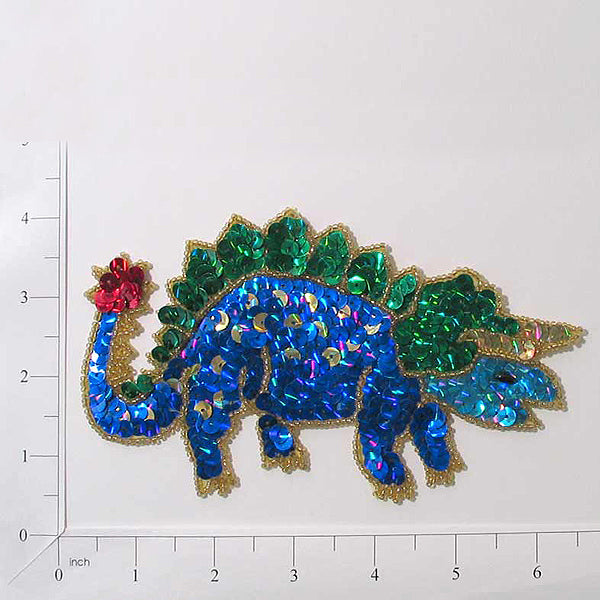 6 1/4" x 3 1/2" Steve Triceratop Dinosaur Sequin Applique/Patch - Multi Colors Sequin & Beaded Appliques