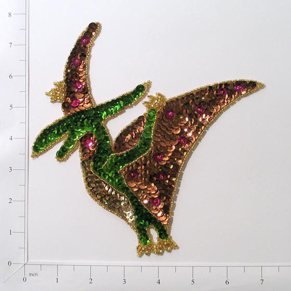 6 1/2" x 5 1/2" Terry Pterodactyl Dinosaur Sequin Applique/Patch - Multi Colors Sequin & Beaded Appliques