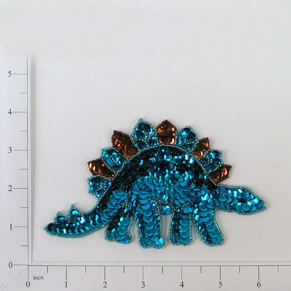 6" x 3 1/2" Eve Stegosaurus Dinosaur Sequin Applique/Patch - Aqua Blue Sequin & Beaded Appliques