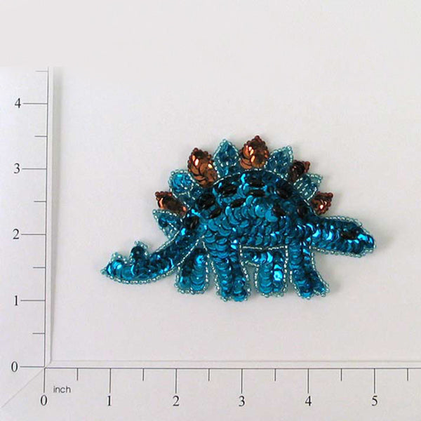 4 1/4" x 2 1/2" Eve Stegosaurus Dinosaur Sequin Applique/Patch - Aqua Blue Sequin & Beaded Appliques