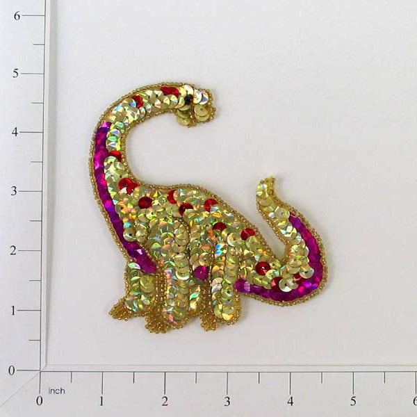 4 1/4" x 4 1/4" Brontosaurus Dinosaur Sequin Applique/Patch - Multi Colors Sequin & Beaded Appliques