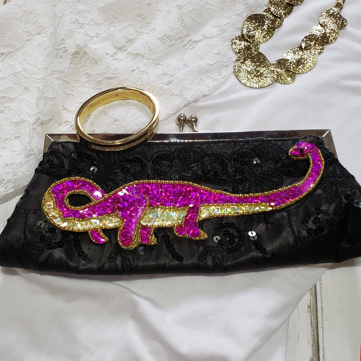 Barry Brachiosaurus Dinosaur Sequin Applique/Patch - Gold Multi Sequin & Beaded Appliques