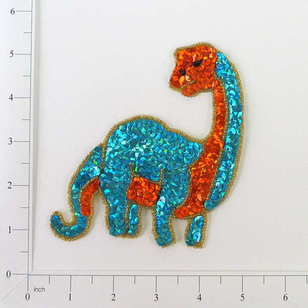 4 3/4" x 4" Billy Brontosaurus Dinosaur Sequin Applique/Patch - Multi Colors Sequin & Beaded Appliques