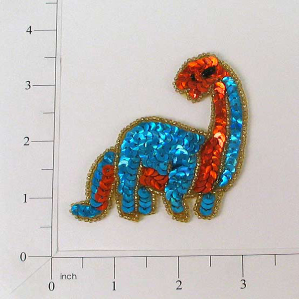 3" x 2 3/4" Billy Brontosaurus Dinosaur Sequin Applique/Patch - Multi Colors Sequin & Beaded Appliques