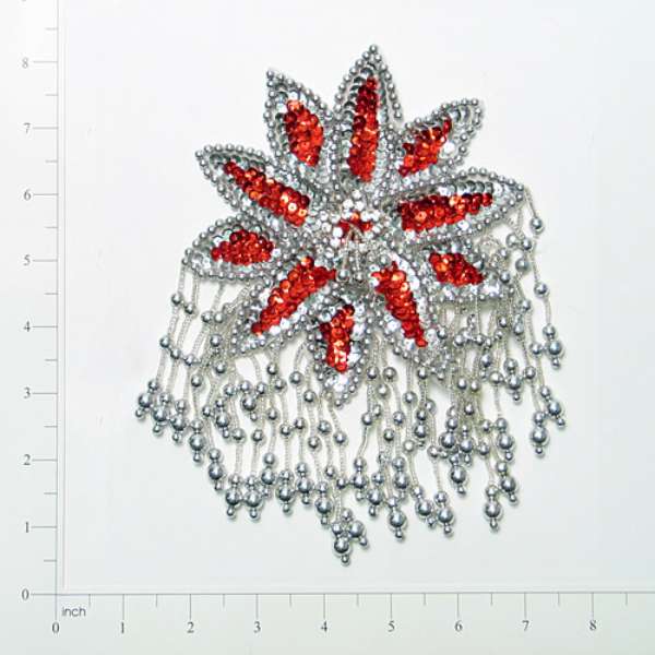 Starburst Beaded Sequin Applique/Patch 8" x 5 3/4" Red Silver Sequin & Beaded Appliques