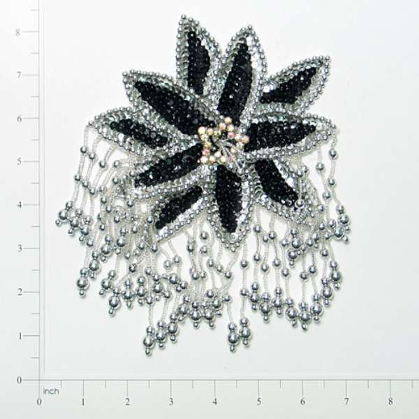Starburst Beaded Sequin Applique/Patch 8" x 5 3/4" Black Silver Sequin & Beaded Appliques