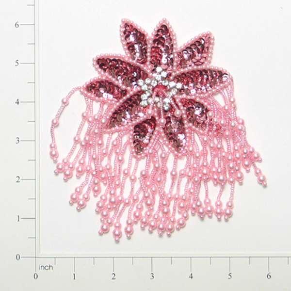 Starburst Beaded Sequin Applique w/ Fringe 6" x 4" Mauve Sequin & Beaded Appliques