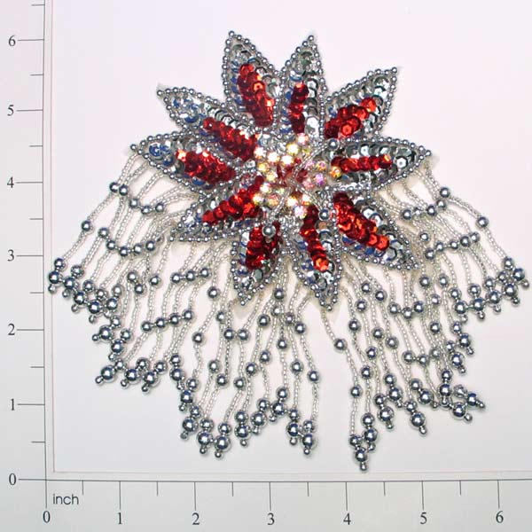 Starburst Beaded Sequin Applique w/ Fringe 6" x 4" Red Silver Sequin & Beaded Appliques