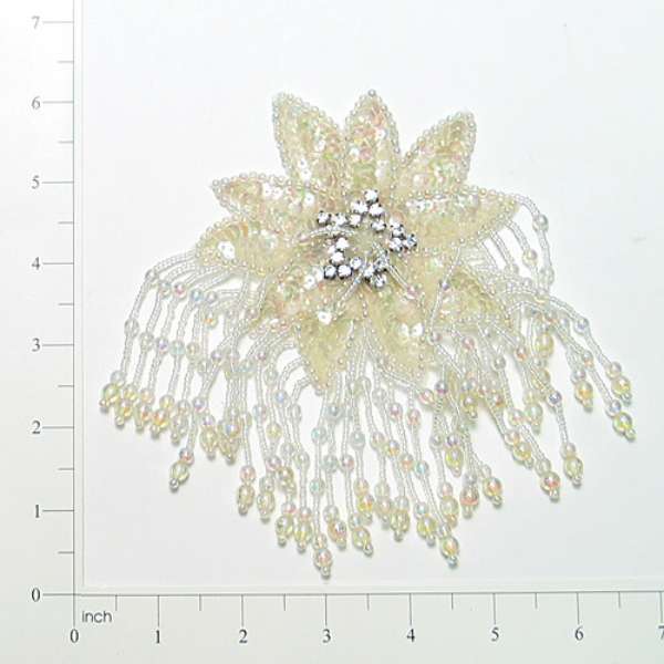 Starburst Beaded Sequin Applique w/ Fringe 6" x 4" Crystal Aurora Borealis Sequin & Beaded Appliques