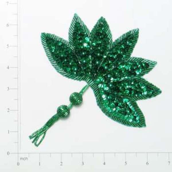 Leaf with Tassel Sequin Applique/Patch - Kelly Green Sequin & Beaded Appliques