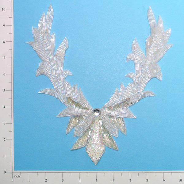 Lily Collar Sequin Applique/Patch 10 1/2" x 9 3/4" White Aurora Borealis Sequin & Beaded Appliques