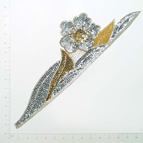 Flower with Leaf Sequin Applique/Patch Silver Sequin & Beaded Appliques