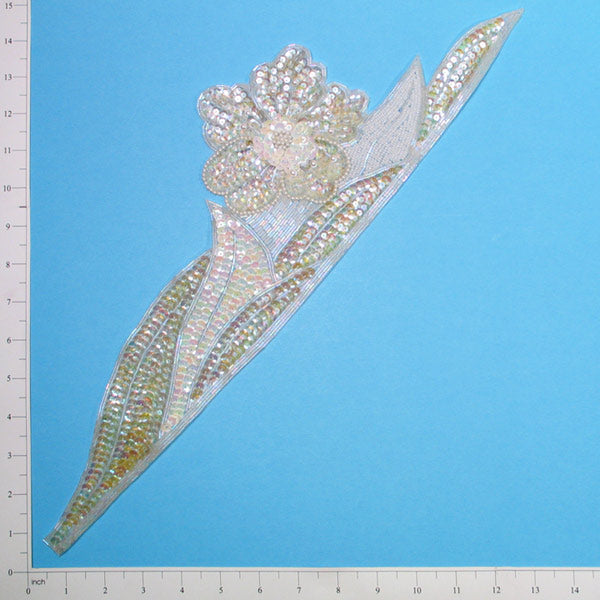 Flower with Leaf Sequin Applique/Patch Crystal Aurora Borealis Sequin & Beaded Appliques
