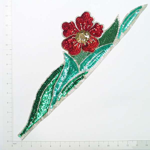 Flower with Leaf Sequin Applique/Patch Red Sequin & Beaded Appliques