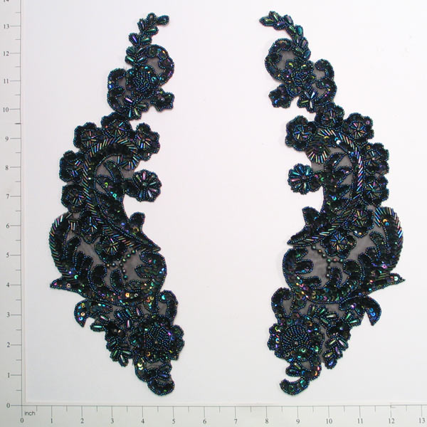 Flower Cluster Sequin Applique/Patch 2 Pack 13" x 4" - Black Aurora Borealis Sequin & Beaded Appliques