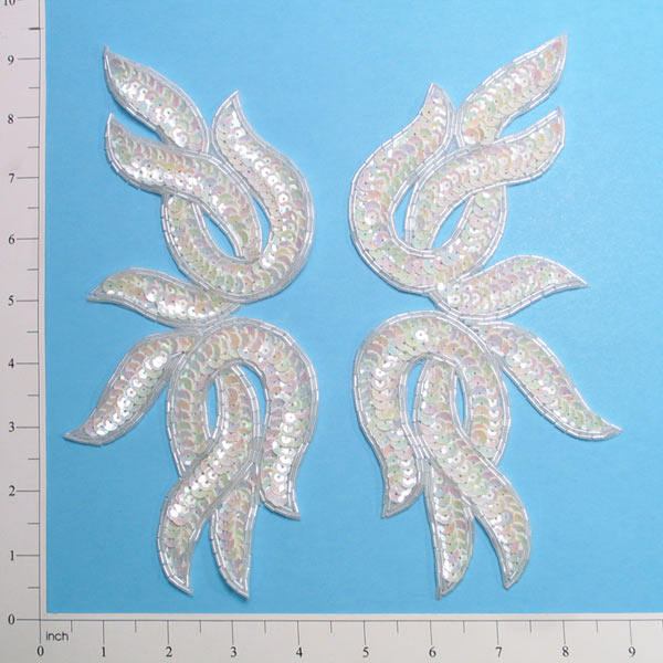 Tangled Leaf Sequin Applique/Patch 2 Pack 9 1/2" x 4" White Aurora Borealis Sequin & Beaded Appliques