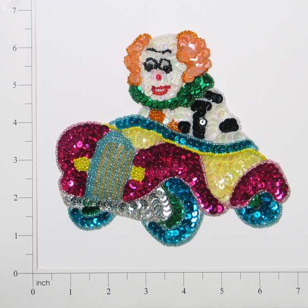 6 1/4" x 5 3/4" Clown On Wheels Sequin Applique/Patch - Multi Colors Sequin & Beaded Appliques