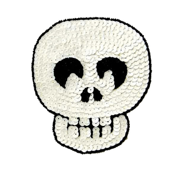 4 7/8" x 4 1/4" Skull Sequin Applique/Patch - White/ Black Sequin & Beaded Appliques