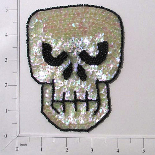 Scary Skull Beaded Sequin Applique/Patch 5" x 3 3/4" - Crystal Aurora Borealis Sequin & Beaded Appliques