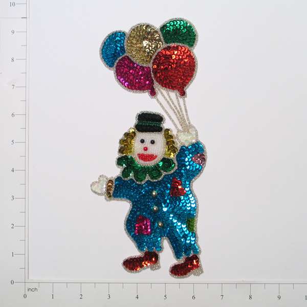 Clown With Balloons Sequin Applique/Patch - Blue Multi - Large - Multi Colors Sequin & Beaded Appliques