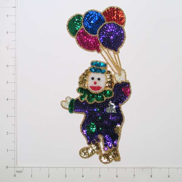 Clown With Balloons Sequin Applique/Patch - Purple Multi - Large - Multi Colors Sequin & Beaded Appliques