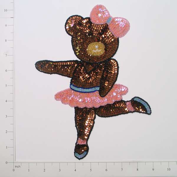 Ballerina Bear Sequin Applique/Patch - Brown, Pink - Large - Brown Multi Sequin & Beaded Appliques