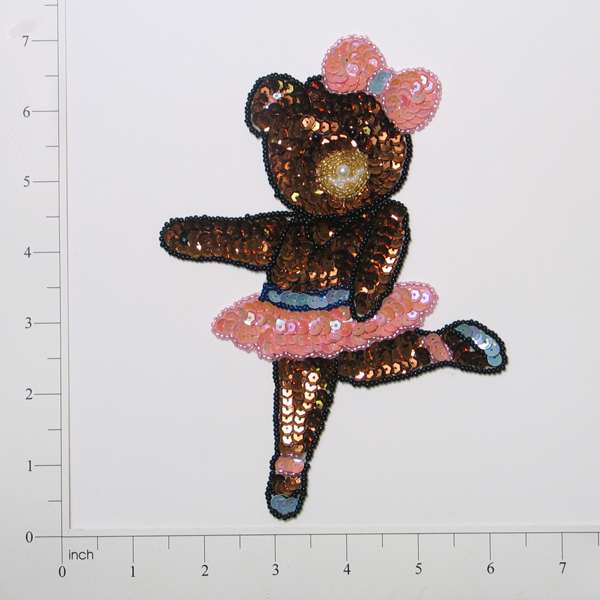 Ballerina Bear Sequin Applique/Patch - Brown, Pink - Medium - Brown Multi Sequin & Beaded Appliques