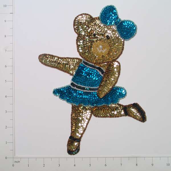 Ballerina Bear Sequin Applique/Patch - Blue, Brown - Large - Aqua Multi Sequin & Beaded Appliques