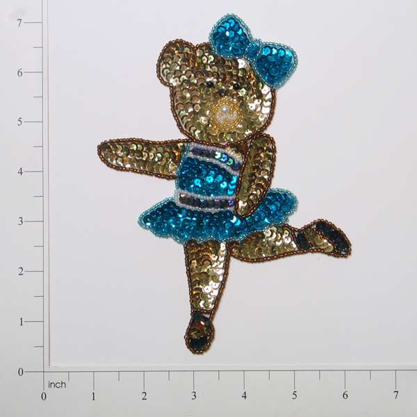 Ballerina Bear Sequin Applique/Patch - Blue, Brown - Medium - Aqua Multi Sequin & Beaded Appliques
