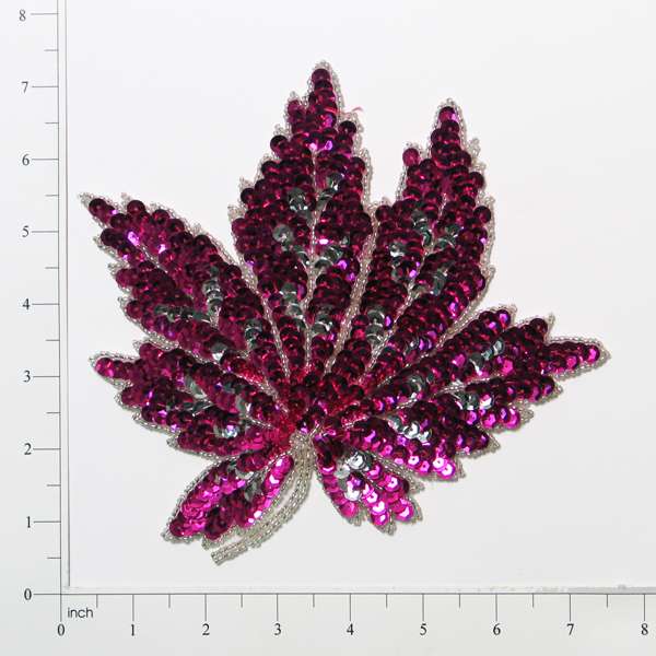Maple Leaf Sequin Applique/Patch - SM302-8-1 - Fuchsia Sequin & Beaded Appliques
