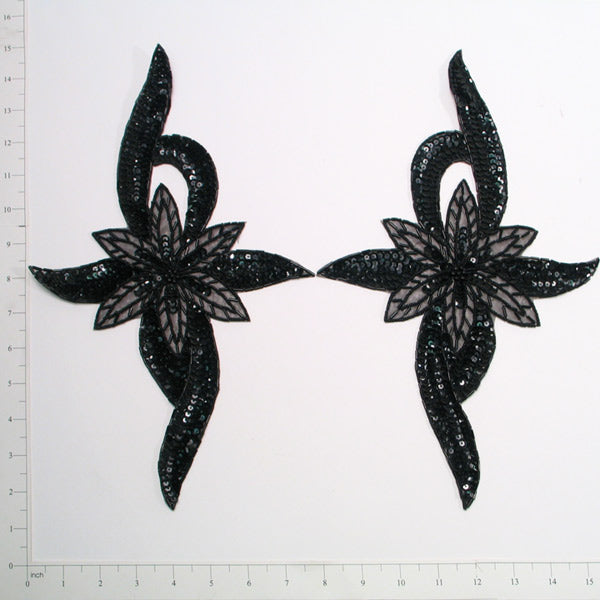 Floral Star Sequin Applique/Patch Pack of 2 Black Sequin & Beaded Appliques