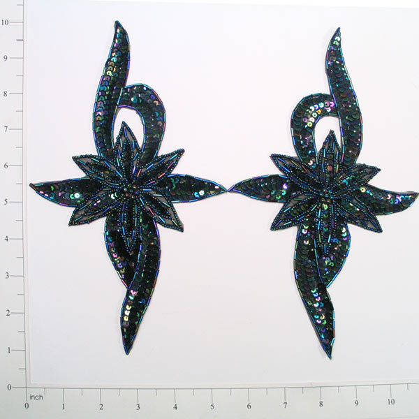 Floral Star Sequin Applique/Patch Pack of 2 Black Aurora Borealis Sequin & Beaded Appliques