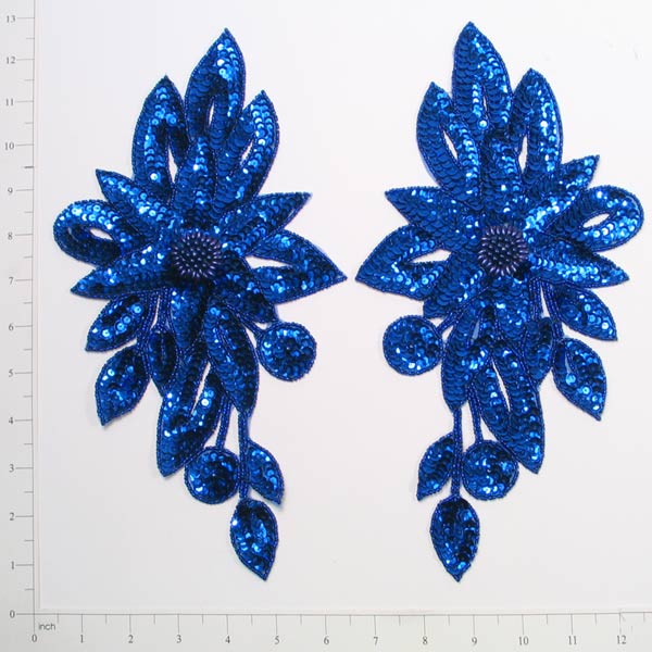 Fancy Floral Sequin Applique/Patch Pack of 2 Royal Blue Sequin & Beaded Appliques