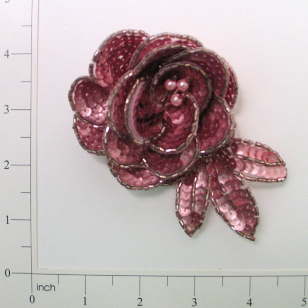 Dimensional Rose Sequin Applique - Mauve Sequin & Beaded Appliques