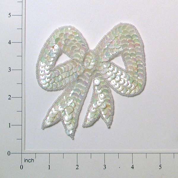 Classic Bow Sequin Applique/Patch White Aurora Borealis Sequin & Beaded Appliques