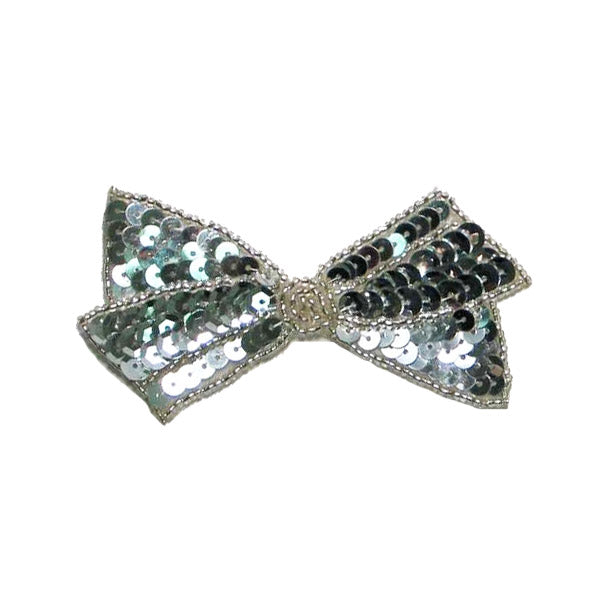 3 3/4" x 1 3/4" Bow Sequin Applique/Patch Silver Sequin & Beaded Appliques