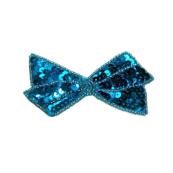 3 3/4" x 1 3/4" Bow Sequin Applique/Patch Aqua Blue Sequin & Beaded Appliques