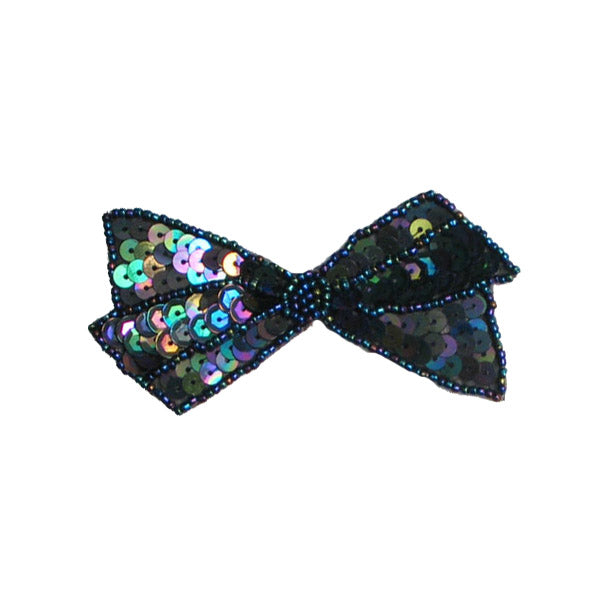 3 3/4" x 1 3/4" Bow Sequin Applique/Patch Black Aurora Borealis Sequin & Beaded Appliques