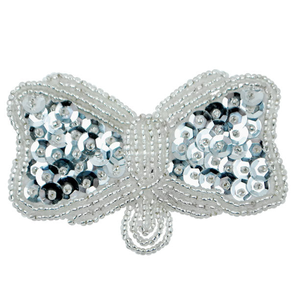 Bow Beaded And Sequin Applique/Patch Silver Sequin & Beaded Appliques